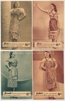Magyar Divatcsarnok. Budapest VII. Rákóczi út 70-76. - 4 db régi reklám képeslap ruhákkal / 4 pre-1945 Hungarian fashion shop advertisement postcards