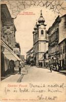 1903 Pécs, Király utca a Lyceum templomával, Janter Ferenc üzlete. Kiadja Fischer Ferenc