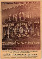 Szeged, Dóm téri harang- és bábjátékos óramű. A Csúry Óraművek, Csúry Ferenc toronyórakészítő reklámlapja (kis szakadás / small tear)