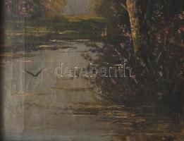 Jelzés nélkül, XX. sz. eleje: Vízparti táj. Olaj, vászon. Apró sérüléssel. Dekoratív, sérült fakeret...
