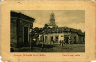 1913 Érmihályfalva, Valea lui Mihai; Vasút utca, Csiri Sándor mészáros és hentes, Koch Géza lőpor üzlete. W.L. Bp. N. 5991. / street view, butcher, gunpowder store, shops (b)