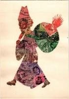 Mikulás. Bélyegekből kivágott és összeragasztott képeslap. Budai nyomda / Saint Nicholas. Made out of stamps