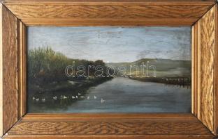 Baky Albert (1868-1944): Kacsák a tavon. Olaj, fatábla, jelzett. Dekoratív, kissé sérült fakeretben. 22x40 cm