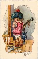 Az útra kész öltözet és hulladéka / Getting ready children art postcard s: Bouret