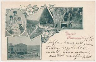 1899 Petrozsény, Petrosani; Határhíd a Szurduk szorosban Magyarország és Románia között, Salgótarjáni kőszénbánya részvénytársaság szénosztályozó műve, iparvasút, Petrozsény vidéki oláhok. Szecessziós-virágos keret / Pasul Surduc, border bridge between Hungary and Romania, coal mine, coal classification plant, industrial railway, Transylvanian Vlach people. Art Nouveau, floral frame (EK)