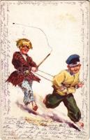 1918 Verlag der k.u.k. Feldbuchhandlungen des 4. A.-K. Qu.-Abt. Feldpost 340. / WWI Austro-Hungarian K.u.K. military art postcard, children playing s: Feiertag (?)