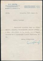 1947 Bp., Fodor József (1898-1973) költő, író, újságíró, műfordító autográf aláírása gépelt levelén, az Új Idők hetilap fejléces levélpapírján