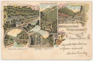 1900 Herkulesfürdő, Baile Herculane; Kurpark, Herkulesbad v. d. Coroninihöhe, Herkulesplatz, Szapáry-Bad, Rudolfshof / A fürdő központja, látvány a Coronini-magaslatról, Herkules tér, Szapáry fürdő, Rezső udvar / spa, general view, square, bath. Kunstanstalt Rosenblatt Art Nouveau, floral, litho (szakadások / tears)