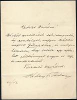 Rédey Tivadar (1885-1953) könyvtáros, színház- és irodalomtörténész, az Országos Széchényi Könyvtár főigazgató-helyettesének saját kezű levele ismeretlen címzettnek, "Kedves Barátom!" megszólítással, melyben könyvéhez gratulál