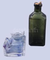 Antik tintatartó üveg sérült írószertartóval + tintás üveg, m: 14 cm alatt
