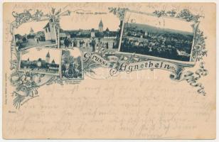 1899 Szentágota, Agnetheln, Agnita; Strassenbild, Partie mit dem Marktplatz, Ev. Kirche u. Ev. Hauptvolksschule, Fronius-Denkmal im Schulgarten / utca, Piactér, látkép, Evangélikus templom és iskola, Fronius emlékmű az iskola kertjében. Michael Lang kiadása, szecessziós-virágos litho keret / street, market square, general view, Lutheran church and school, monument in the school garden. Art Nouveau, floral (fl)