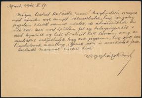 1941 Bp., Aggházy Kamil (Kamill) (1882-1954) m. kir. ezredes, katonai szakíró, hadtörténész, a Hadtörténeti Intézet és Múzeum alapítója saját kezűleg megírt levelezőlapja Lestyán Sándor (1896-1956) író, újságíró, szerkesztő részére