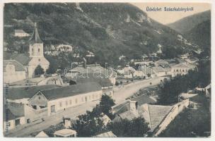 Szászkabánya, Németszászka, Sasca Montana; látkép, templom. Johann Lang kiadása / general view, church