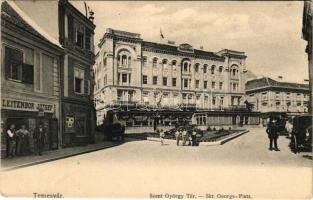 1907 Temesvár, Timisoara; Szent György tér, Leitenbor József üzlete, Temesvári Első Takarékpénztár / Skt. Georgs-Platz / square, shops, savings bank (EK)