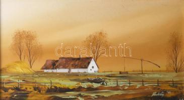 Pankotai Sándor (1959-): Őszi tanya. Olaj, farost, jelzett, fakeretben, 20×35 cm