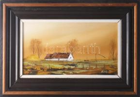 Pankotai Sándor (1959-): Őszi tanya. Olaj, farost, jelzett, fakeretben, 20×35 cm