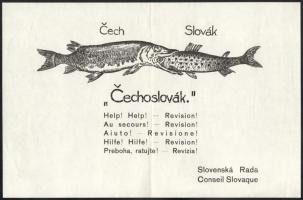 cca 1918 Szlovák revizionista röplap (Csehszlovákia létrejöttét a szlovákok csehek általi bekebelezéseként ábrázolja), 15x23 cm