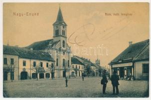 1909 Nagyenyed, Nagy-Enyed, Aiud; Római katolikus templom, gyógyszertár, Korbuly Kristóf temetkezési szövetkezete, üzletek. 470. (W.L. ?) / Catholic church, pharmacy, funeral company, shops (EK)