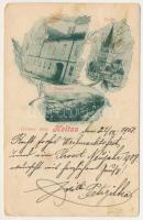 1907 Nagydisznód, Heltau, Cisnadie; Ev. Schule, Kirche, Totalansicht / Evangélikus templom és iskola, látkép / Lutheran church and school, general view. Art Nouveau (EB)