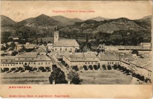 1906 Nagybánya, Baia Mare; Fő tér északi oldala, templom, üzletek. Kovács Gyula kiadása / main square, shops (fl)