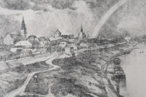 Zádor István (1882-1963): Szolnok, Tiszapart. Színezett rézkarc, papír, jelzett. 20×26,5 cm. Üvegeze...