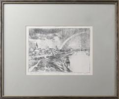 Zádor István (1882-1963): Szolnok, Tiszapart. Színezett rézkarc, papír, jelzett. 20×26,5 cm. Üvegeze...