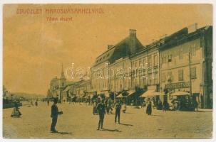 1908 Marosvásárhely, Targu Mures; Fő tér, Dudutz István üzlete, Adi Árpád könyvnyomdája, piac. No. 34. (W.L. ?) / main square, shops, publishing house, shops, market (gyűrődés / crease)