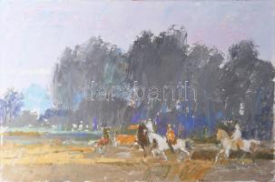 Gulyás Dénes (1927-2003): Lovasok. Olaj, farost, jelzés nélkül. Hátoldalán Vizualart címkéjével. 40x61 cm