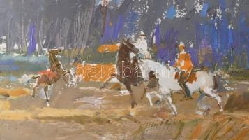 Gulyás Dénes (1927-2003): Lovasok. Olaj, farost, jelzés nélkül. Hátoldalán Vizualart címkéjével. 40x...