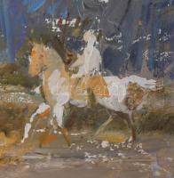 Gulyás Dénes (1927-2003): Lovasok. Olaj, farost, jelzés nélkül. Hátoldalán Vizualart címkéjével. 40x...