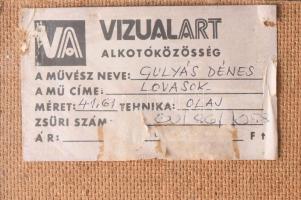 Gulyás Dénes (1927-2003): Lovasok. Olaj, farost, jelzés nélkül. Hátoldalán Vizualart címkéjével. 40x...
