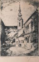 Szentgyörgyvári Gyenes Lajos (1890-1971): Tabán, Görög utca. Akvatinta, papír, jelzett, kartonra kasírozva, szélén kissé sérült, 34,5×54 cm