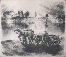 Kórusz József (1927-2010): Dunapart. Rézkarc, papír, jelzett, üvegezett fakeretben, 25x29 cm