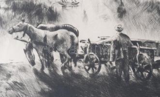 Kórusz József (1927-2010): Dunapart. Rézkarc, papír, jelzett, üvegezett fakeretben, 25x29 cm