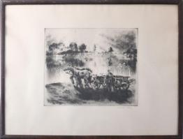 Kórusz József (1927-2010): Dunapart. Rézkarc, papír, jelzett, üvegezett fakeretben, 25x29 cm