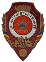 Románia 1950 k. "Infanterist de Frunte (Kiváló gyalogos)" zománcozott bronz kitüntető jelvény csavaros hátlappal, gravírozott "12921" sorszámmal (25x35mm) T:XF karcok a zománcozott felületen Romania cca. 1950. "Infanterist de Frunte (Excellent Infantryman)" enameled bronze badge with screw back, engraved serial number "12921" (25x35mm) C:XF scratches on the enamel surface