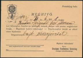 1931 Bp., az Országos Frontharcos Szövetség meghívója a Budai Vigadóban tartott frontharcos találkozóra Panka Károly (1882-1970) könyvtárigazgató, a Képviselőházi Könyvtár könyvtárnoka részére