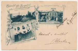 1899 Máramarossziget, Sighetu Marmatiei; Kamarai út a Magtár állomásig, Osztrák kaszárnya főbejárója, Oláh asszonyok és leányok. Kaufman Ábrahám kiadása / street view, road to the granary station, K.u.K. military barracks, Romanian Vlach folklore. Art Nouveau, floral (fl)