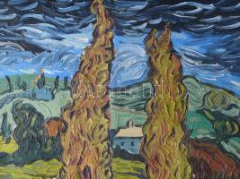 Van Gogh után, olvashatatlan jelzéssel (a hátoldalán): Táj. Olaj, vászon, fakeretben, 57x48 cm