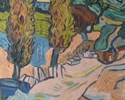 Van Gogh után, olvashatatlan jelzéssel (a hátoldalán): Táj. Olaj, vászon, fakeretben, 57x48 cm