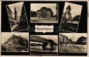 1932 Pozsony, Pressburg, Bratislava; mozaiklap: utcaképek, színház, híd / multi-view postcard: street view, theatre, bridge. photo