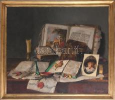 Romek Árpád (1883-1960): Csendélet. Olaj, vászon, jelezve jobbra lent. Dekoratív fakeretben, hátoldalán Géberth képkeretező 1940 körüli címkéjével. 60x70 cm