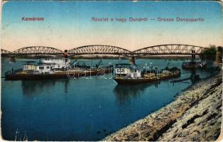 1917 Komárom, Komárno; részlet a Nagy Dunáról, uszályok, híd. Spitzer Sándor kiadása / Danube river bridge, barges (Rb)