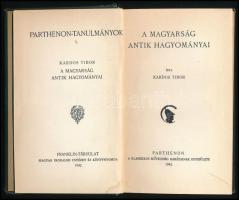 Kardos Tibor: A magyarság antik hagyományai. Pantheon-tanulmányok 5. Bp., 1942, Pantheon-Franklin, 93+[3] p. Kiadói egészvászon-kötés, helyenként kisebb lapszéli ázásnyomokkal.