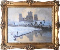 Meilinger Dezső (1892-1960): Diósgyőri vár, 1937. Pasztell, papír, jelzett. Dekoratív, üvegezett, sérült fakeretben, 40×50 cm