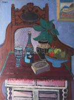 Pataki Ferenc (1941-): Csendélet faragott székkel. Olaj, farost, jelzett, hátoldalán autográf felirattal és Képcsarnok Vállalat címkéjével. Szélén apró felületi sérüléssel. 80x60 cm