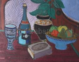 Pataki Ferenc (1941-): Csendélet faragott székkel. Olaj, farost, jelzett, hátoldalán autográf felira...