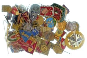 60db-os, főleg magyar és külföldi jelvényből álló tétel, közte sok zománcozott darabbal, közte: "Május 1." zománcozott bronz jelvény, 1950 k. "Munkára Harcra Kész" zománcozott bronz sportjelvény Rákosi-címerrel, "Magyar Néphadsereg" harckocsi fegyvernem jelvény T:vegyes