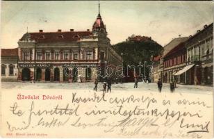 1901 Déva, vár, Holtzer Károly, Szőcs F. Lajos, Hirsch Testvérek üzlete. Hirsch Adolf saját kiadása / castle, shops (EB)