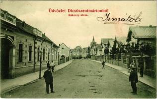 1906 Dicsőszentmárton, Tarnaveni, Diciosanmartin; Rákóczy (Rákóczi) utca. Hirsch Mór kiadása / street (ragasztónyom / glue mark)